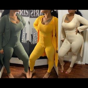 S m l cardigan set hunter green, mustard yellow, tan